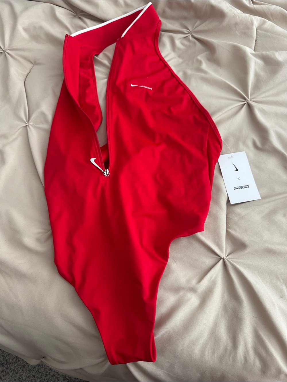 Nike Jacquemus Red One-Piece Swim Suit with White Accents